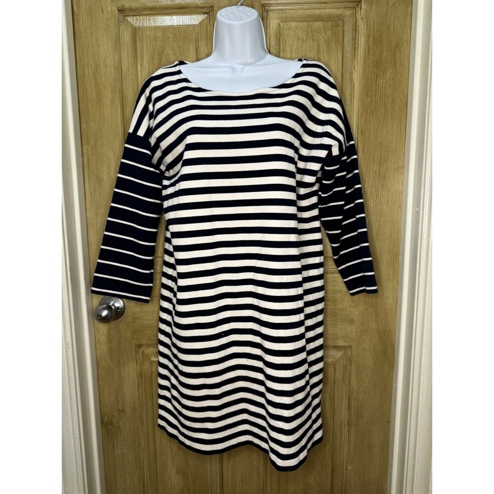 J. Crew Striped Ponte Cotton Dress Size M Navy Off White 3/4 Sleeve